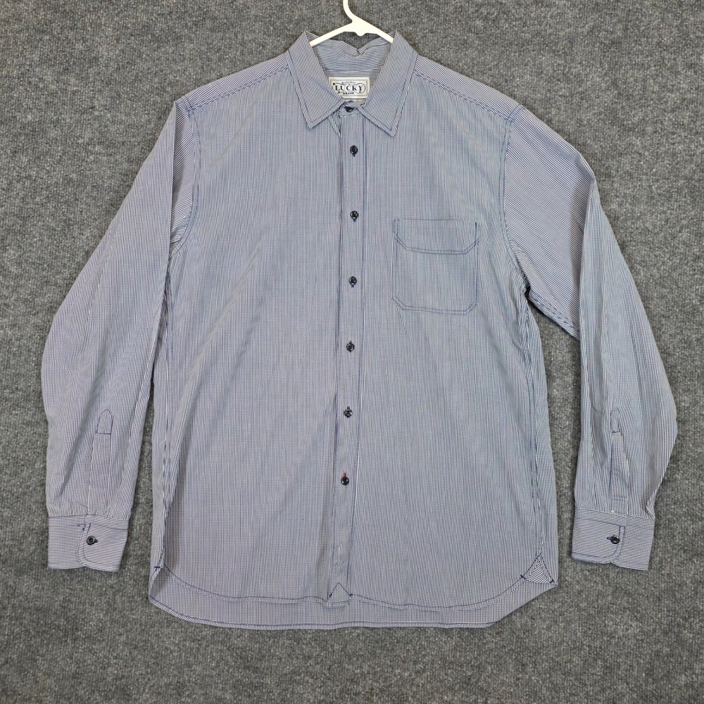 Lucky Brand Shirt‎  Mens Large Blue Gingham Check Long Sleeve Button Down Casual